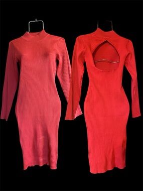Ashley Stewart Red Ribbed Cutout Long Sleeve Midi Dress size 12
